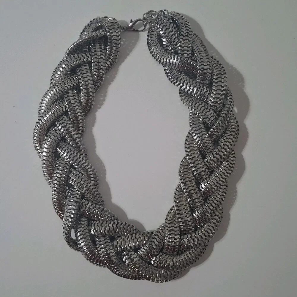 Sliver Tone Woven Layered Snake Chain Adjustable Statement Necklace